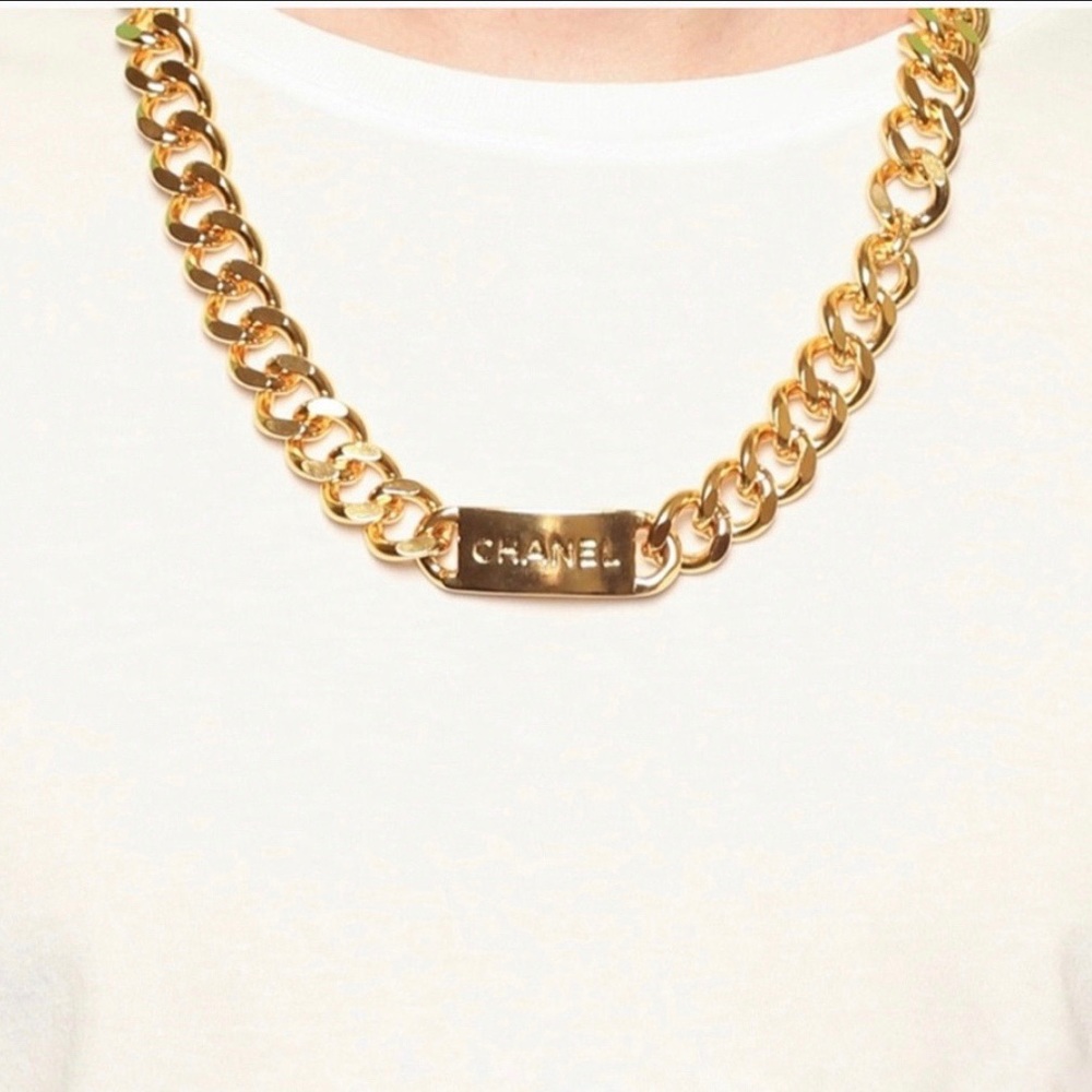 CHANEL 24k Flash Gold Plated Logo ID Necklace Curb Chain Unisex
